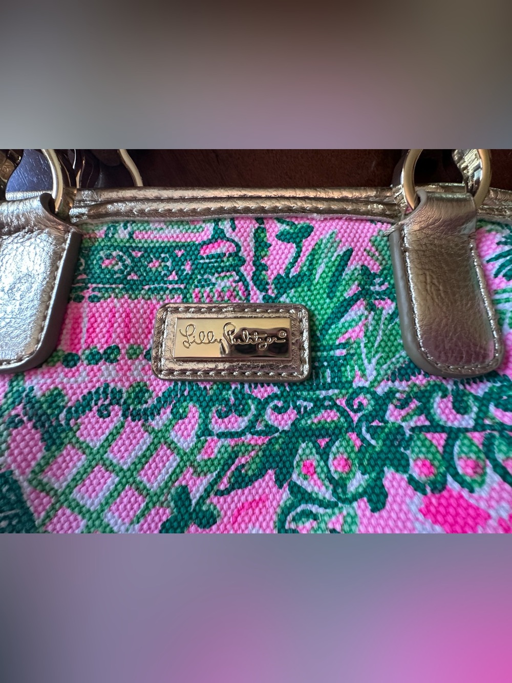 Lilly Pulitzer Pink & Green Tropical Canvas Tote with Bamboo Handles - Picture 2 of 8